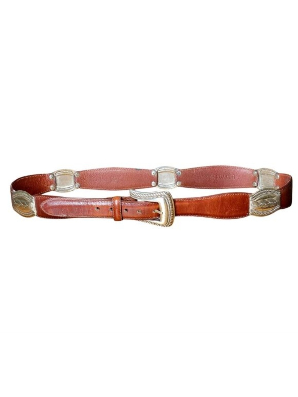 Fossil Leather Belt Women Neutral Tan Size XL Silverplated Santa Fe Style